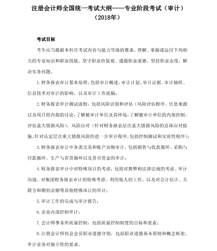注冊會計師《審計》考試大綱
