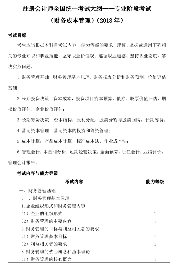 注冊會計師全國統一考試大綱《財管》