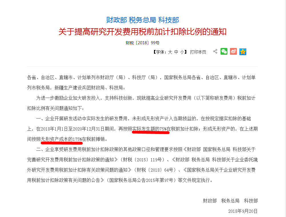 提高研究開發費用稅前加計扣除比例