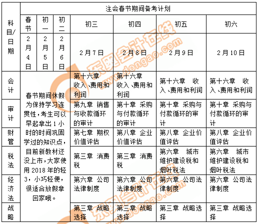 注會春節(jié)假期規(guī)劃表