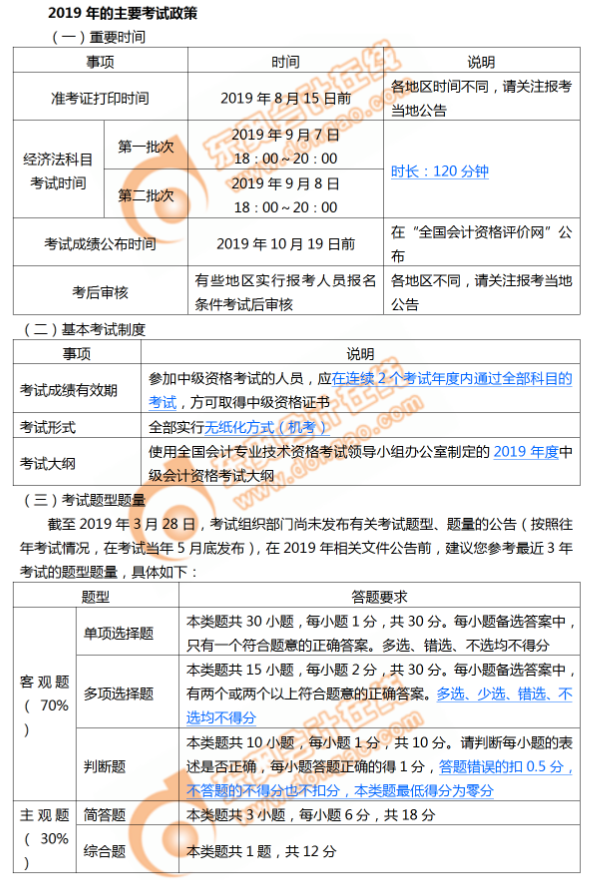 2019年中級會計師《經濟法》考試政策 2019年中級會計師《經濟法》考試政策