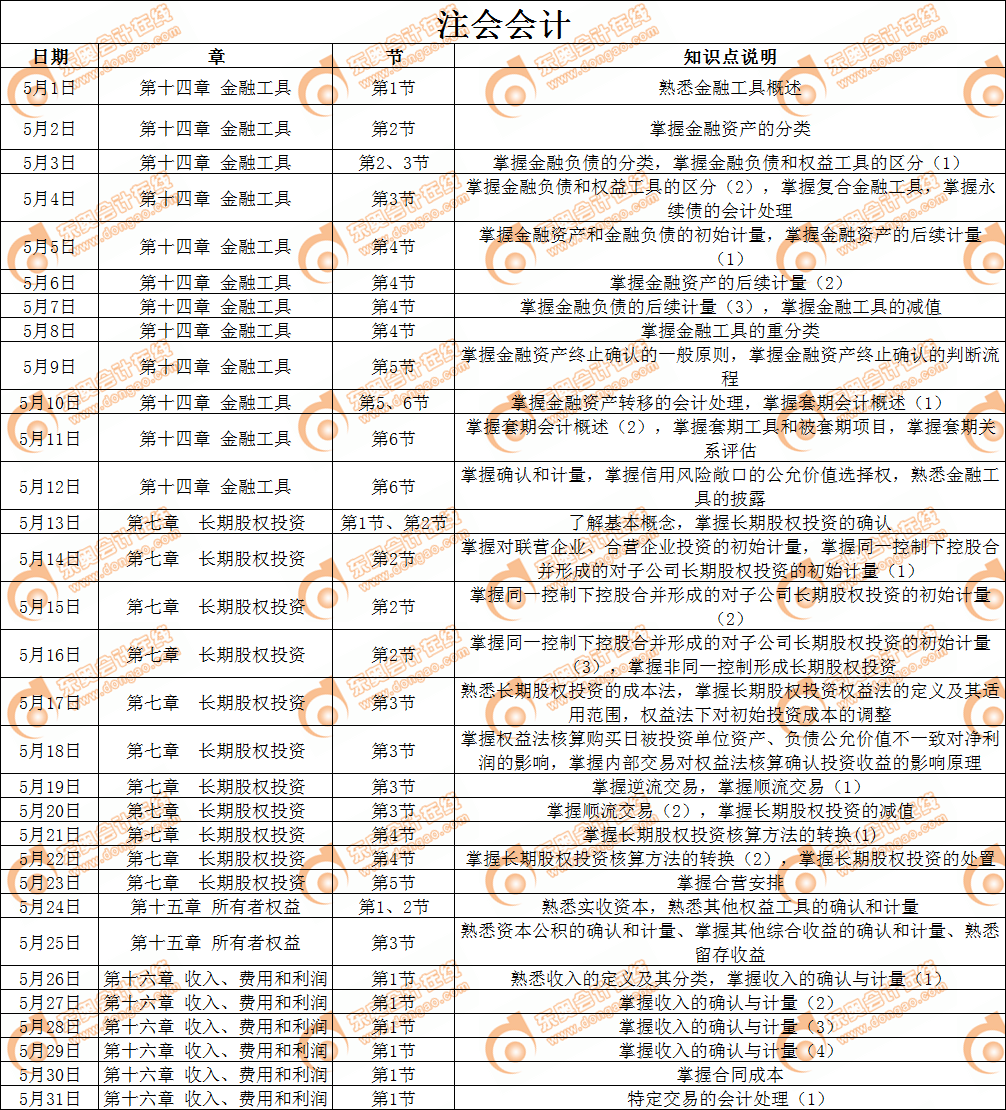 cpa會計學習日歷