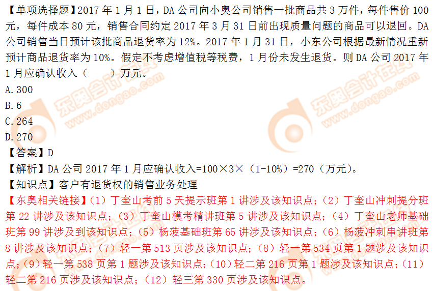 2018年稅務師《財務與會計》單選題:退貨的銷售業務處理 2018年稅務師《財務與會計》單選題:退貨的銷售業務處理