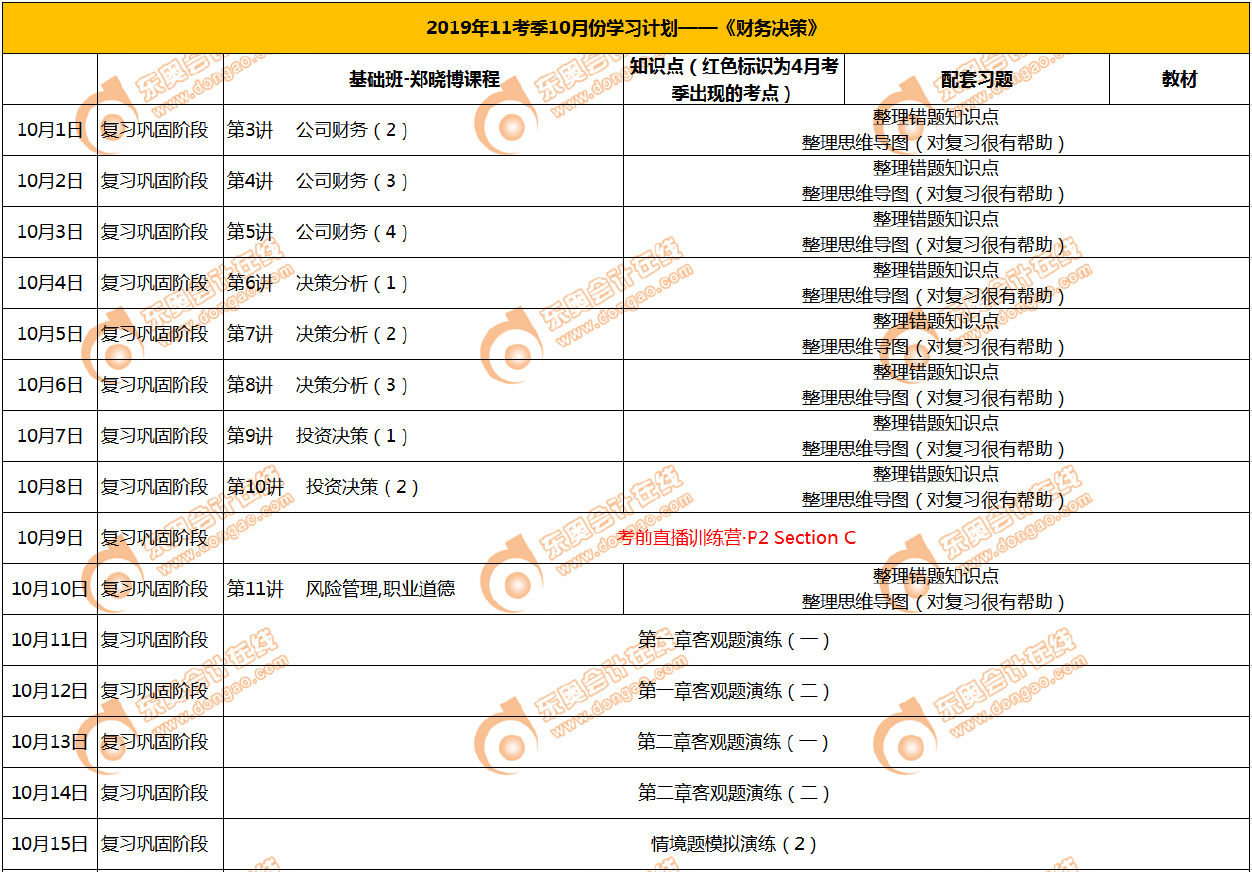 10月份學習日歷