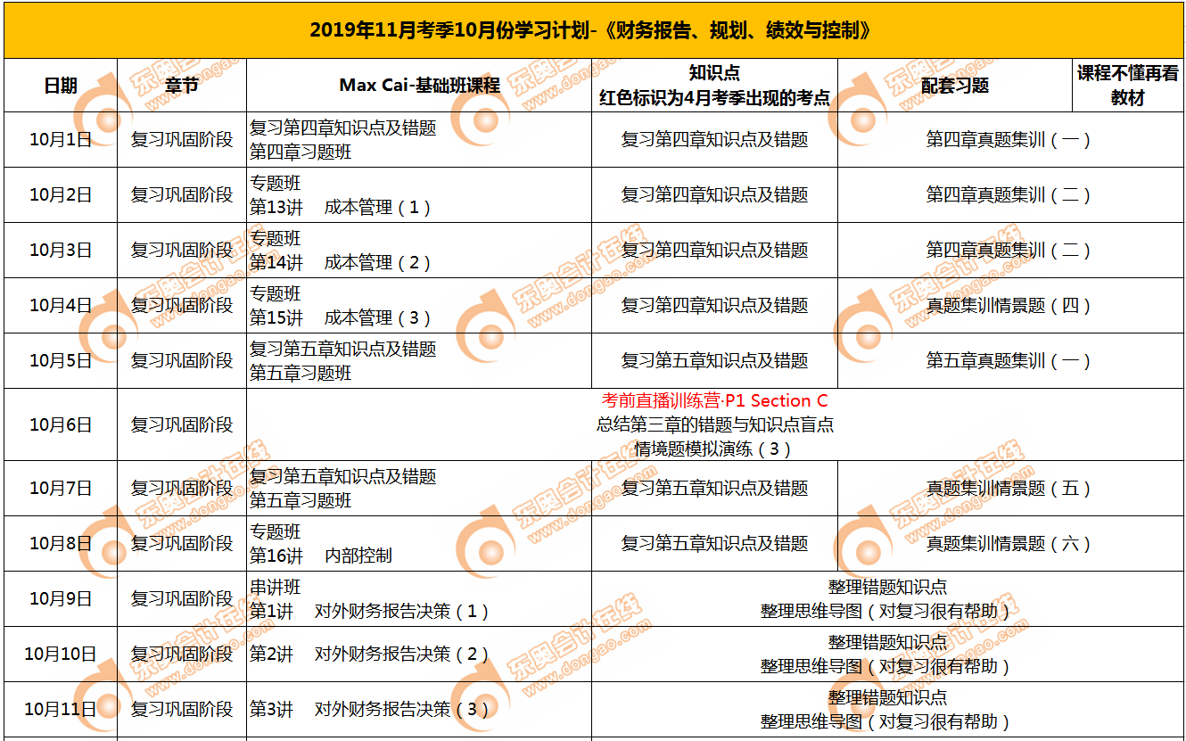 CMA10月學(xué)習(xí)計劃