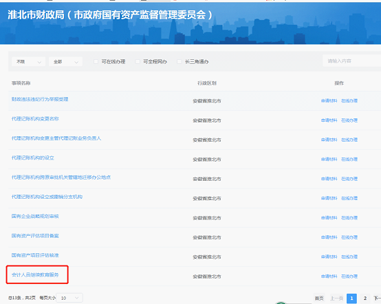 在“淮北市財政局（國資委）”頁面下找到“會計人員繼續教育服務”事項，并點擊進入。