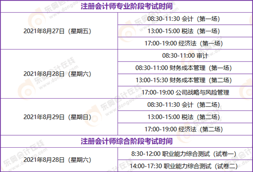 2021年上海cpa考試時間安排表