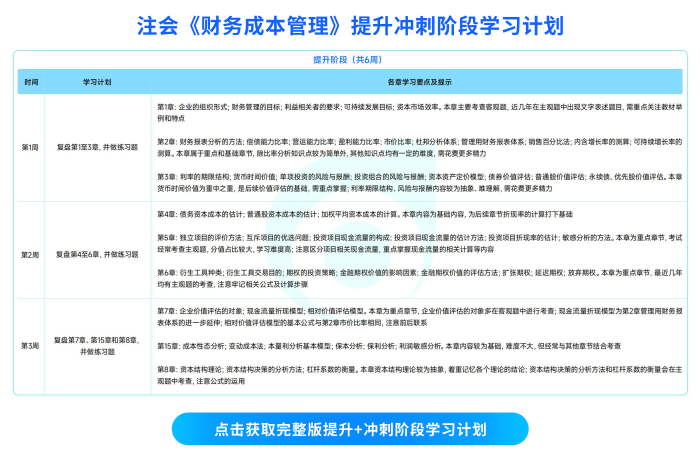 25年注會(huì)《財(cái)務(wù)成本管理》提升沖刺階段學(xué)習(xí)計(jì)劃